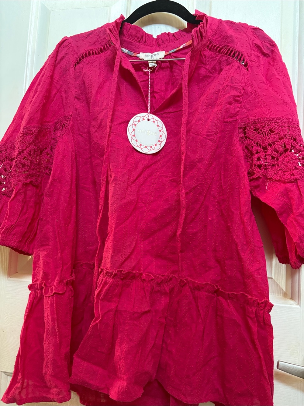 Umgee Hot Pink Eyelet Crochet Peasant Tunic